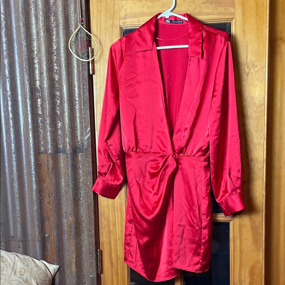 ZARA Red Satin-Like fabric Dress! Size M